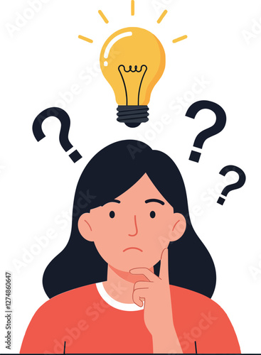 Thoughtful woman with a light bulb above her head in flat vector illustration