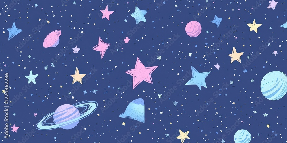 Colorful illustration of outer space with planets and stars Colorful illustration of outer space with planets and stars