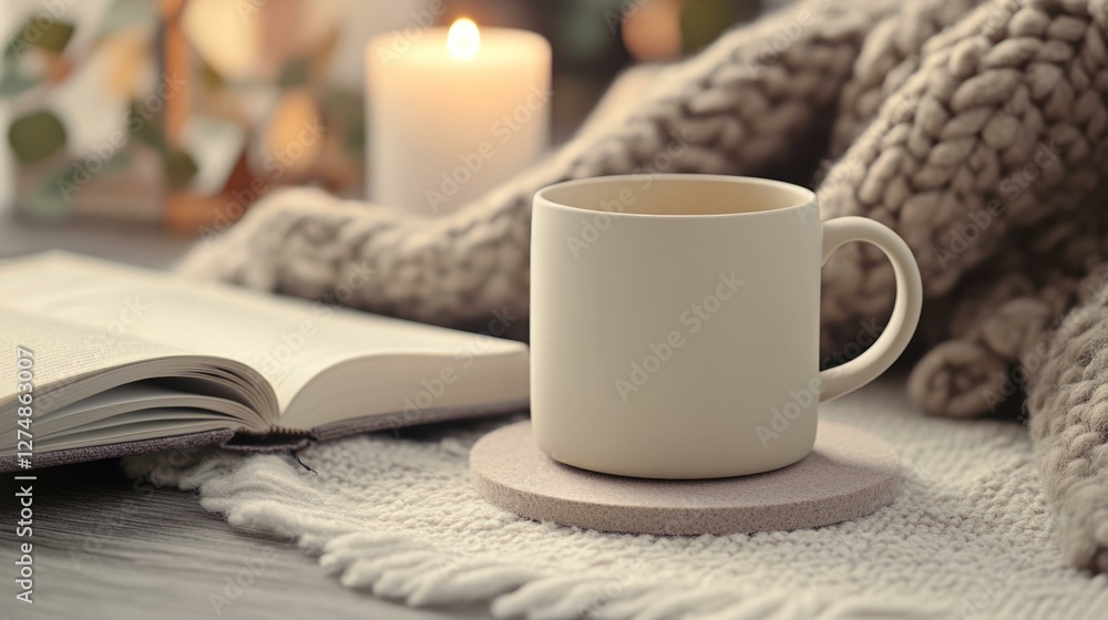 Cozy mug and coaster mockup with book and candle in warm knit setting, ideal for comfort lifestyle branding Cozy mug and coaster mockup with book and candle in warm knit setting, ideal for comfort lifestyle branding