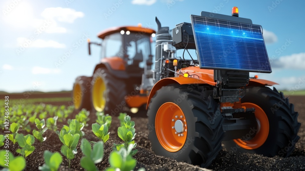 Agricultural innovation solar-powered tractor enhances crop yield farm field digital technology sunny environment close-up view sustainable farming Agricultural innovation solar-powered tractor enhances crop yield farm field digital technology sunny environment close-up view sustainable farming