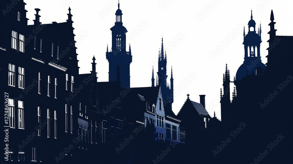 Fototapeta premium Bruges skyline in navy blue silhouette with gothic architecture, perfect for travel and tourism themed projects