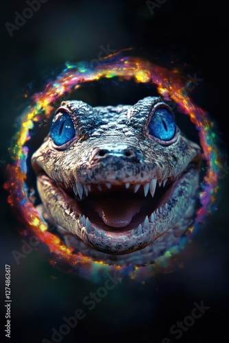 A Vibrant Fantasy Creature with Bright Blue Eyes and Sharp Teeth