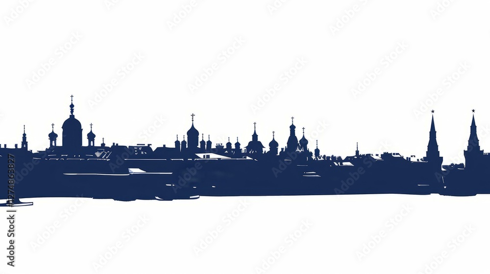 Fototapeta premium Silhouette of Nizhny Novgorod skyline featuring iconic historic architecture on white background