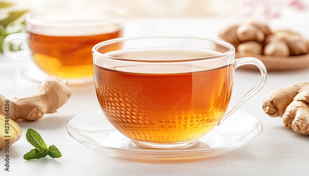 Warm Ginger Tea in Glass Cups with Fresh Ginger Warm Ginger Tea in Glass Cups with Fresh Ginger
