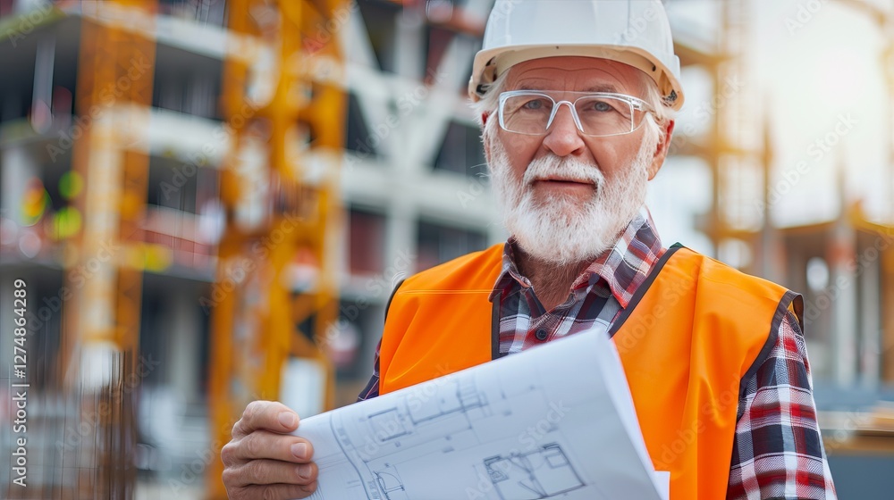 Construction Architect's Vision: A distinguished construction architect, embodying experience and expertise, reviews architectural plans at a building site. Construction Architect's Vision: A distinguished construction architect, embodying experience and expertise, reviews architectural plans at a building site.
