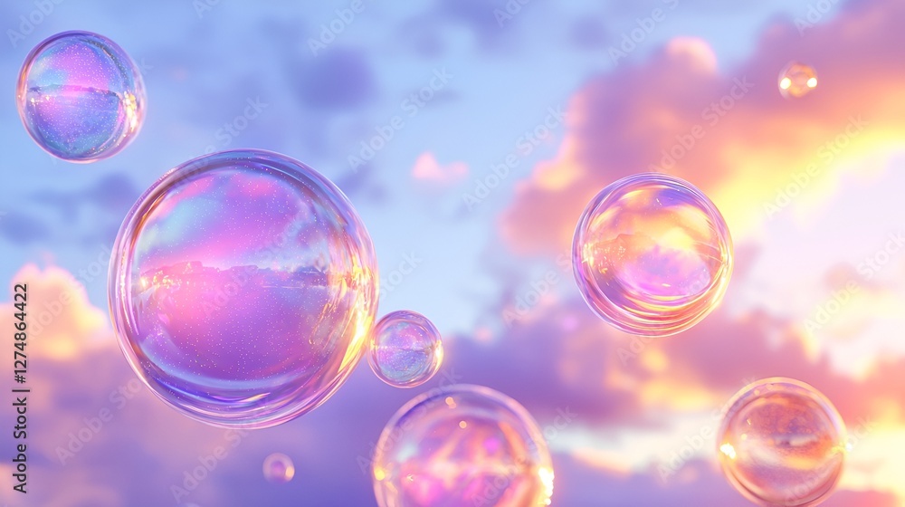 Colorful soap bubbles floating in a sunset sky Colorful soap bubbles floating in a sunset sky