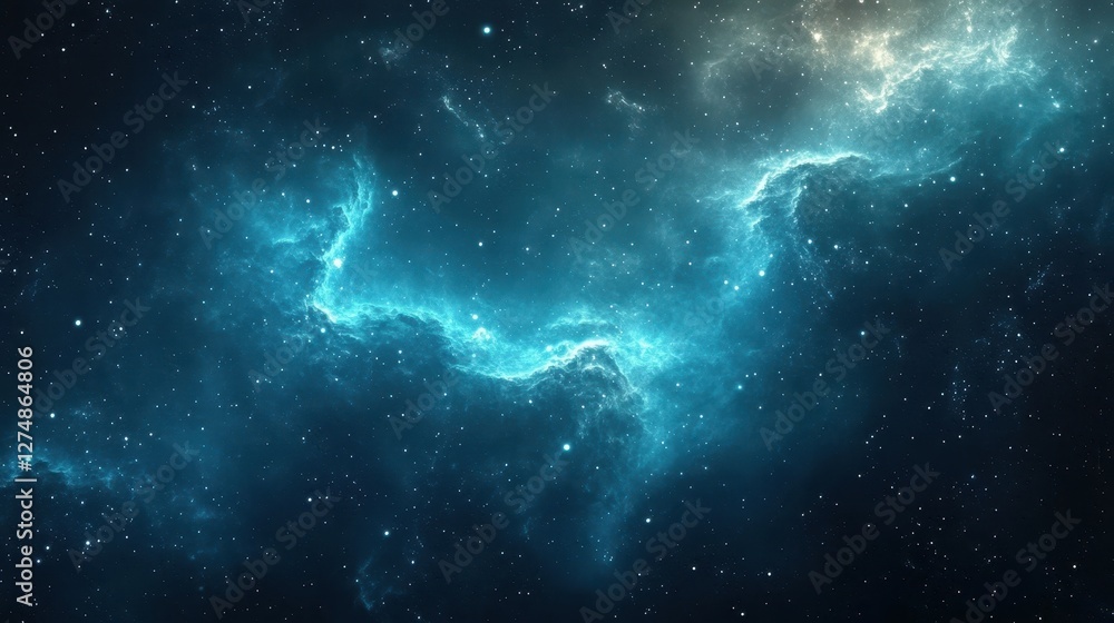 Naklejka premium A radiant teal nebula glows against a dark starry backdrop