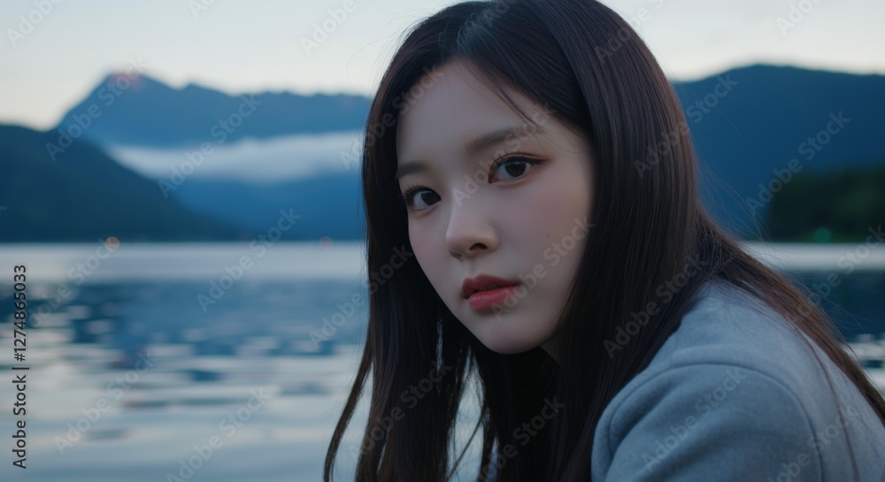 Young asian female reflecting by serene mountain lake at dusk Young asian female reflecting by serene mountain lake at dusk