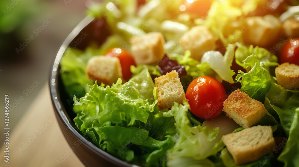 Vibrant garden salad with croutons in sunlit outdoor setting Vibrant garden salad with croutons in sunlit outdoor setting