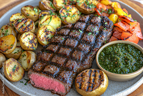 Grilled Steak with Roasted Potatoes and Chimichurri Sauce