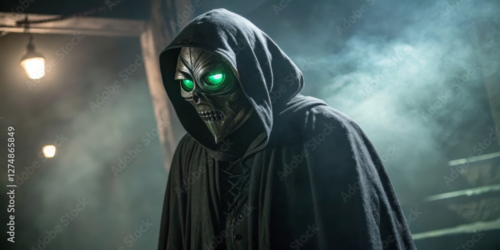 Mysterious figure in dark cloak with glowing green eyes stands in a misty environment, suggesting an eerie atmosphere during nighttime
