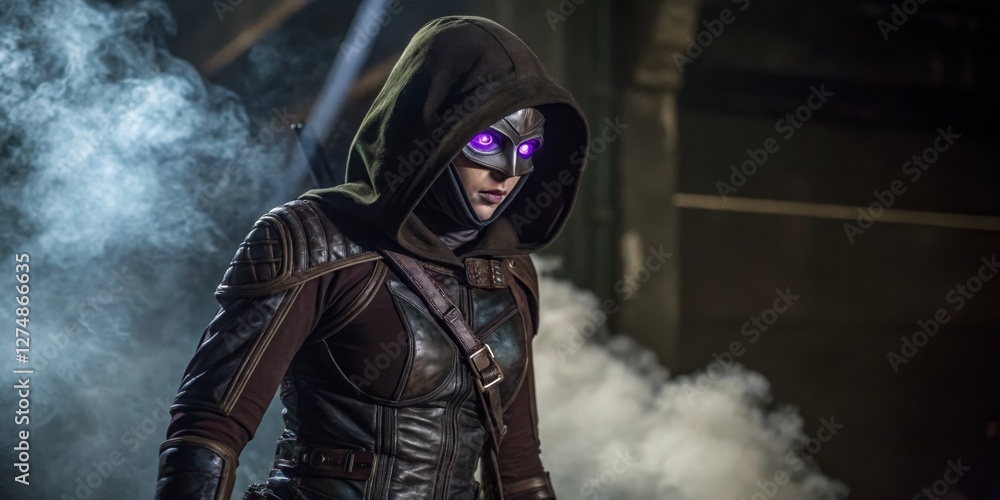 Mysterious figure in dark hooded attire explores a foggy urban setting at night
