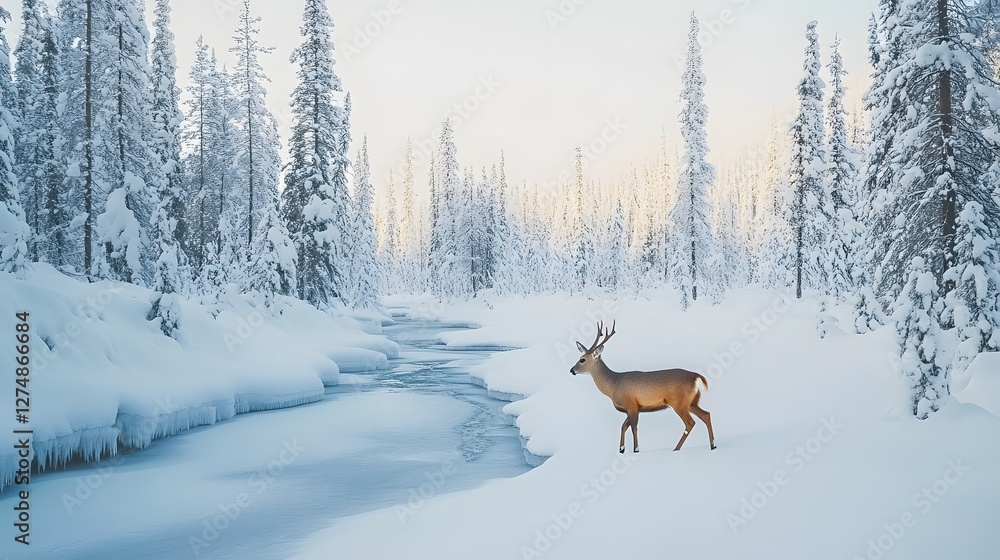 Musk deer in a serene winter landscape by a frozen river Musk deer in a serene winter landscape by a frozen river