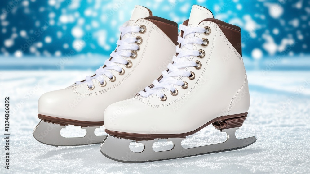 Elegant White Ice Skates on Frozen Surface with Snowy Background Elegant White Ice Skates on Frozen Surface with Snowy Background