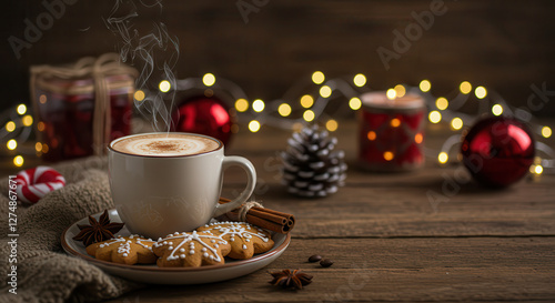 Wallpaper Mural Cozy Holiday Scene: Steaming Cup, Gingerbread Cookies, and Festive Decorations Torontodigital.ca