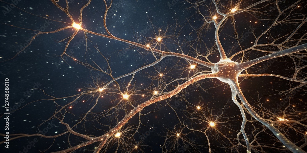 Exploration of a neuron showcasing its intricate structure and glowing synaptic connections in a cosmic background