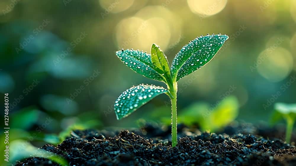 Dew-kissed sprout emerging from fertile soil, sunrise background Dew-kissed sprout emerging from fertile soil, sunrise background
