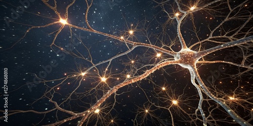 Obraz na płótnie Exploration of a neuron showcasing its intricate structure and glowing synaptic connections in a cosmic background w salonie