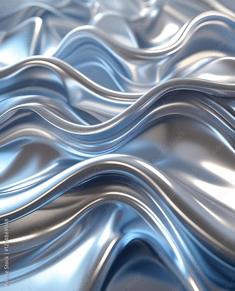 Abstract metallic silver and blue fluid waves with a smooth reflective surface. Futuristic liquid metal texture with dynamic flowing shapes, creating a sleek and modern aesthetic
Abstract metallic silver and blue fluid waves with a smooth reflective surface. Futuristic liquid metal texture with dynamic flowing shapes, creating a sleek and modern aesthetic