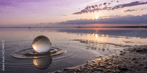 Obraz na płótnie Tranquil sunset landscape with crystal orb creating ripples in calm water w salonie