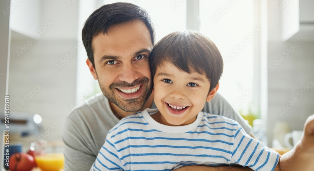 Smiling caucasian father and child in a bright kitchen setting Smiling caucasian father and child in a bright kitchen setting