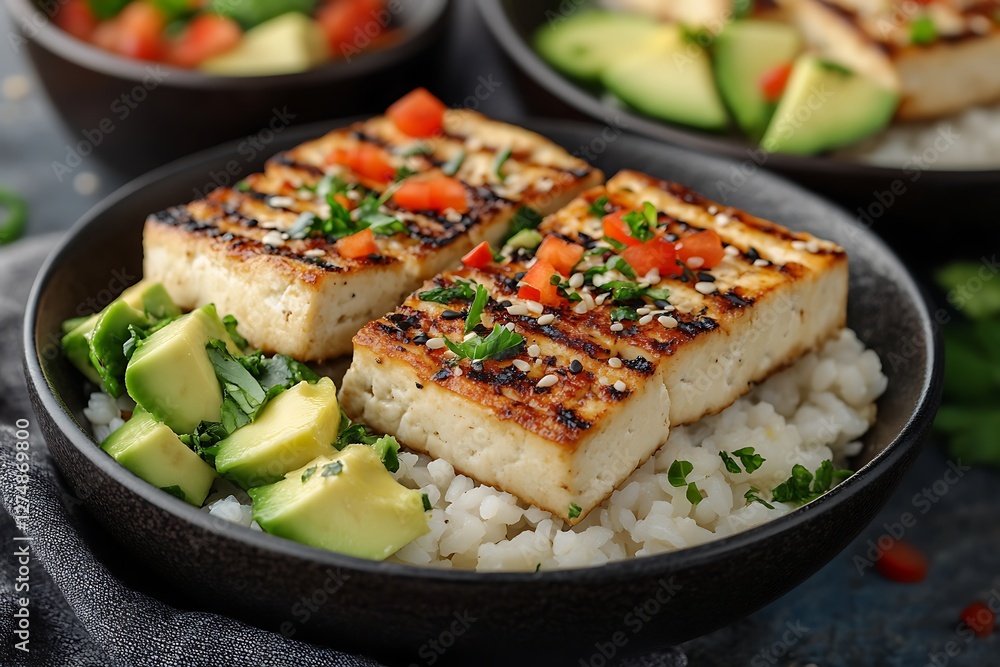 Grilled Tofu Bowls with Rice, Avocado, and Salad Grilled Tofu Bowls with Rice, Avocado, and Salad