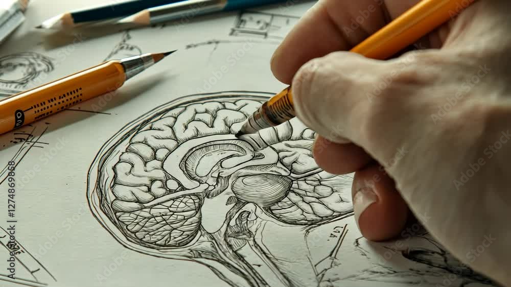 Detailed drawing of a human brain with pencils in an artistic workspace on a well-lit surface