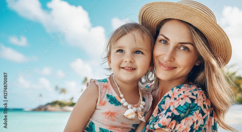 Caucasian female adult and child smiling on tropical beach vacation in summer Caucasian female adult and child smiling on tropical beach vacation in summer