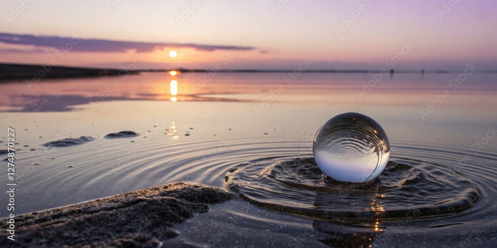 Reflection of sunset captured in a glass sphere placed on a serene shoreline during twilight
