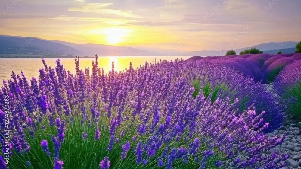 Naklejka premium Serene Lavender Fields Under a Beautiful Sunset Sky Over Water