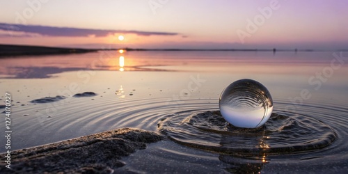 Obraz na płótnie Reflection of sunset captured in a glass sphere placed on a serene shoreline during twilight w salonie