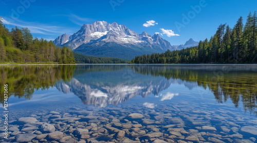 Wallpaper Mural A serene alpine lake reflecting towering snow-capped mountains under a crisp blue sky Torontodigital.ca