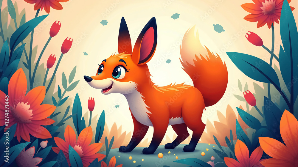 Obraz premium Cute Cartoon Fox in a Floral Wonderland