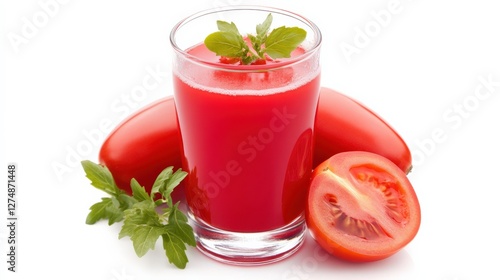 Wallpaper Mural Fresh tomato juice served in a glass with whole tomatoes and mint leaves on a white background Torontodigital.ca