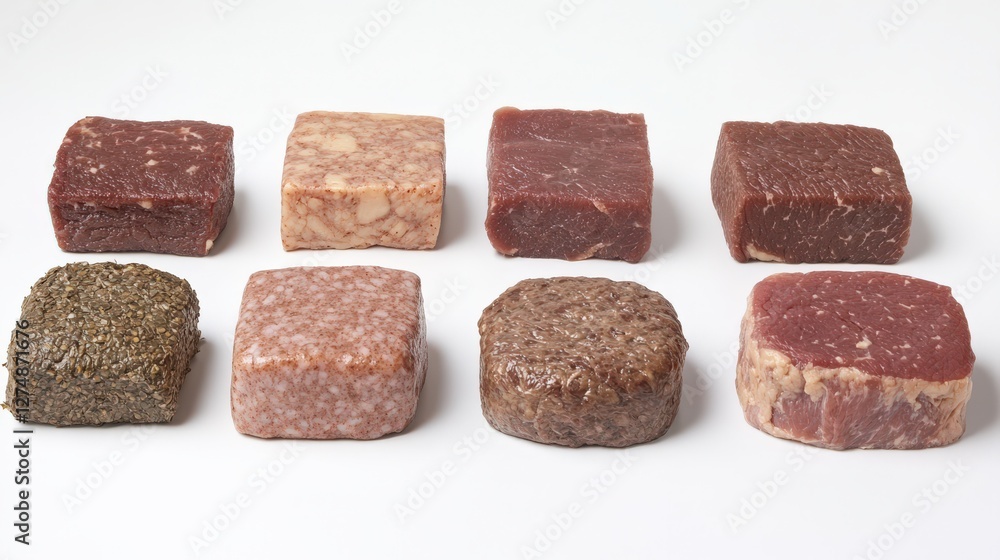 A variety of gourmet meat cuts displayed on a clean white background, showcasing texture and quality A variety of gourmet meat cuts displayed on a clean white background, showcasing texture and quality