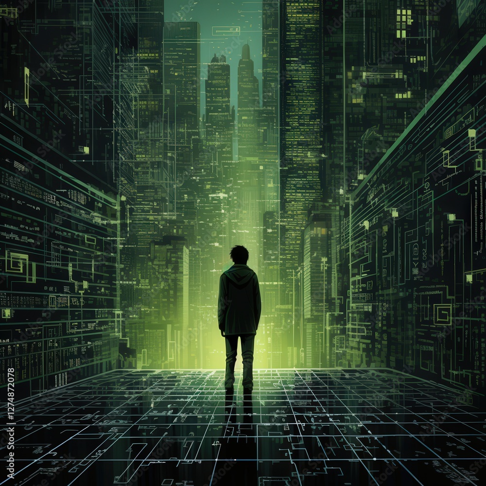 Obraz premium Boy facing futuristic city, digital code background; tech concept art