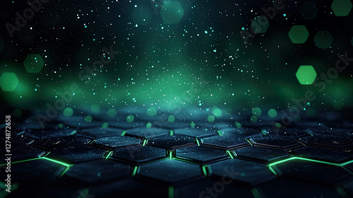 3D geometric abstract background with glowing light effects and overlapping triangular and hexagonal shapes in shades of blue and green.
