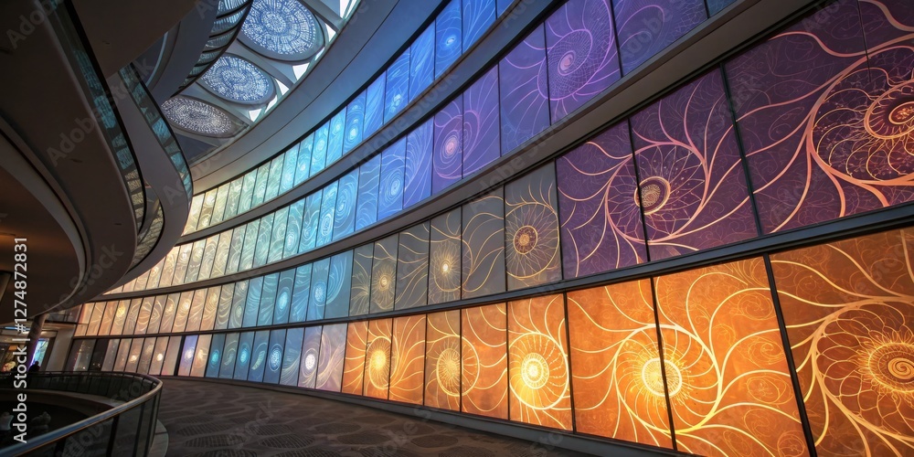 Fototapeta premium Colorful abstract light display in modern building during the evening hours