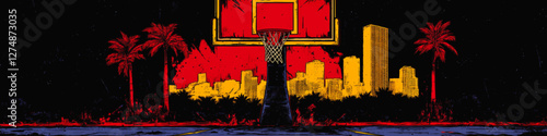 Vibrant Vector Illustration of Urban Basketball Court with Tropical Vibes: Palm Trees and City Skyline Under Dramatic Night Sky in Retro Neon Colors