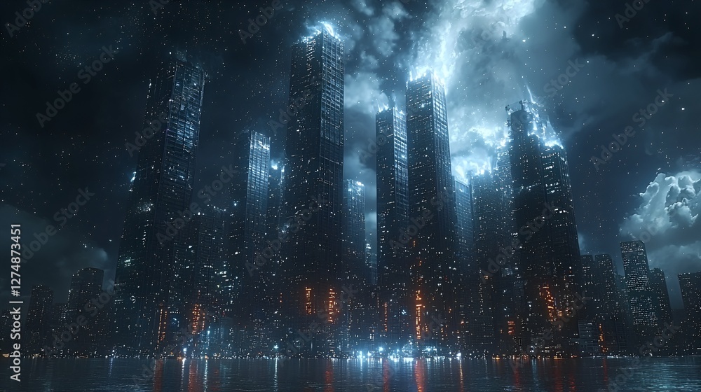 Naklejka premium Futuristic city at night under stormy sky. Possible stock photo use