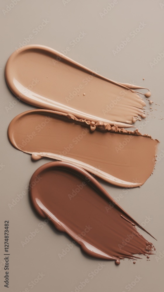 Three shades of foundation swatches on a neutral background Three shades of foundation swatches on a neutral background