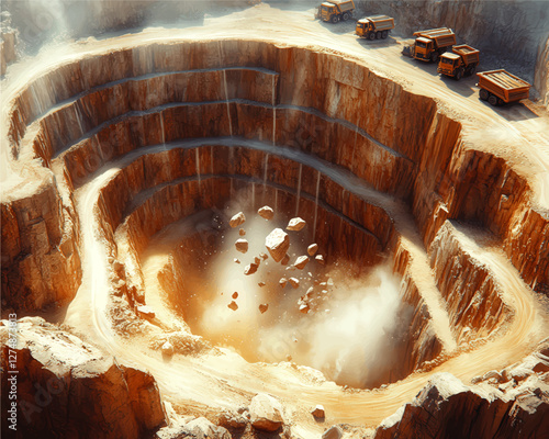 Majestic Open-Pit Mine Vector Illustration with Dump Trucks on Spiral Excavation Path - Perfect Visual for Mining, Industry, and Geological Processes