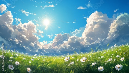 Fototapeta Naklejka Na Ścianę i Meble -  Sunny meadow, fluffy clouds, summer day, idyllic field, nature background