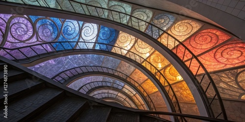 Stunning spiral staircase with vibrant stained glass in a modern building illuminated by natural light