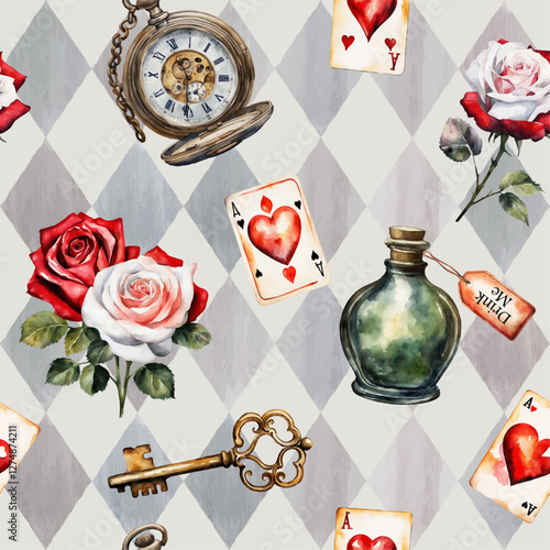 Wonderland watercolor seamless pattern. Red and white roses, key, clock, cards, poison on watercolor checkered background. Vector illustration.  Texture for fabric, wrapping, wallpaper, print