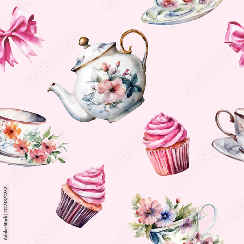 Wonderland seamless pattern of tea party. Watercolor tea cup, teapot, flowers, cakes on pink watercolor checkered background. Vector illustration. Texture for fabric, wrapping, wallpaper, print