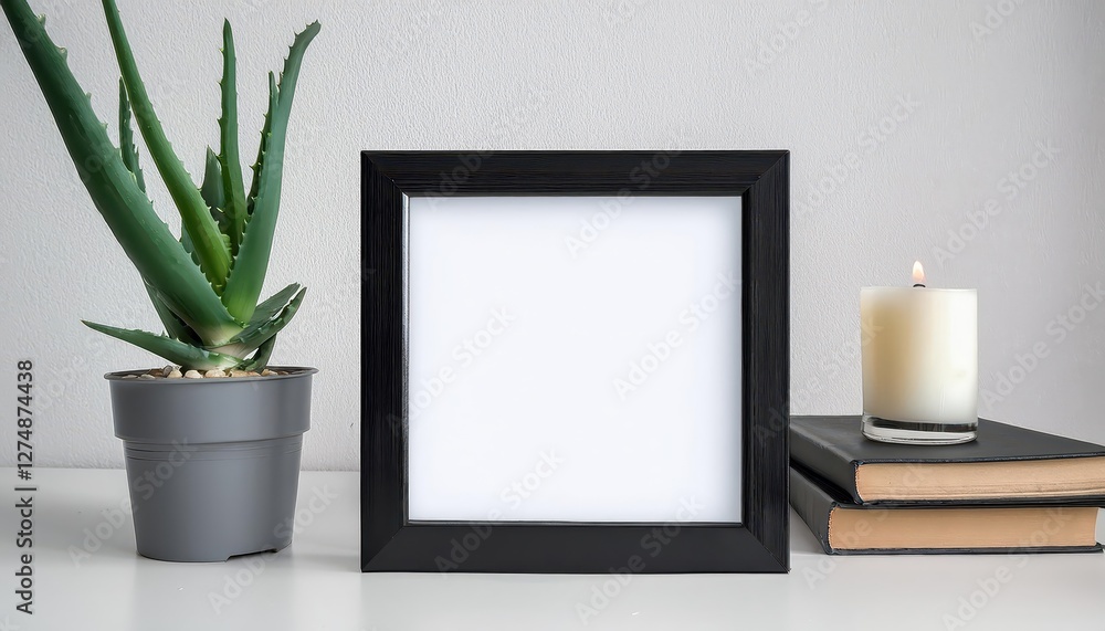 Minimalist Chic Black Square Frame Mockup Displaying Aloe Vera, Candle Holder, and Book on a White Table, Evoking Serenity and Tranquility. characters