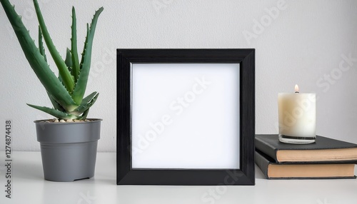 Obraz na płótnie Minimalist Chic Black Square Frame Mockup Displaying Aloe Vera, Candle Holder, and Book on a White Table, Evoking Serenity and Tranquility. characters w salonie