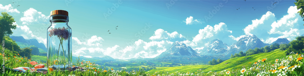 Fototapeta premium Scenic Mountain Landscape Vector with Glass Jar, Wildflowers, and Clear Skies – Serene Nature Illustration for Outdoor and Relaxation Themes