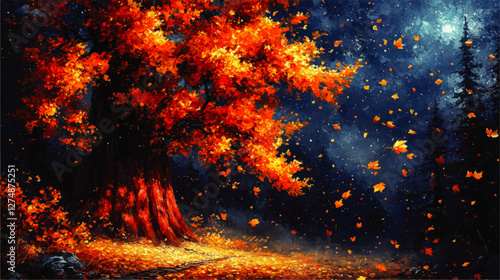 Majestic Fall Tree with Vibrant Red Orange Leaves in a Mystical Night Forest Vector Art - Perfect Autumn Illustration with Falling Leaves Background